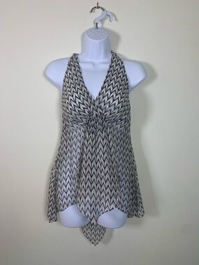 V-Neck Chevron Sheer Halter Tunic Swimsuit Cover - Navy/Cream, Red/Cream, size M